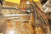 Group of Pipe Wrenches, Ballpein Hammer, Hatchet