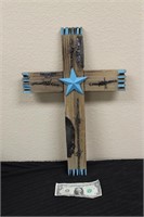 Wooden Cross with Blue Star and Barbed Wire