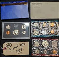 3 old US mint proof coin sets 1969