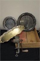Silver Plate Trays, Wine Crate & Meat Grinder
