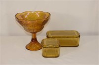 2 Amber Glass Fridge Keepers and Pedestal Fruit