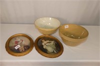 2 Vintage Mixing Bowls and 2 Victorian Oval Pictur