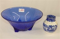 10in Blue Depression Glass Bowl and Spode Vase