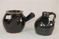 Glazed Stoneware Jug and Pot w/Lid, Handle, and Sp