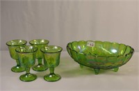 Green Carnival Like Footed Bowl and 4 Goblets