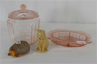 Pink Depression Biscuit Jar and Divided Condiment