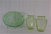 Green Depression 12in Platter and Pair of 8in Vase