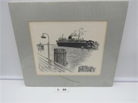 Pen Ink Drawing "Loading Cargo Ship"