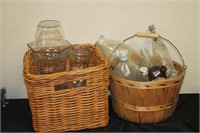 Two Baskets Filled With Old Bottles & Vases
