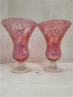 (2) Etched Glass Vases, ruby colored