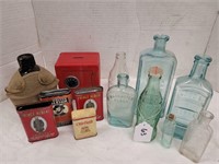 (11pc) Early Glassware, Comb. Safe & Tobacco Tins
