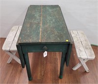 1-Drawer Wooden Table & (2) Wooden Benches