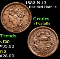 1853 N-13 Braided Hair 1c Grades vf details