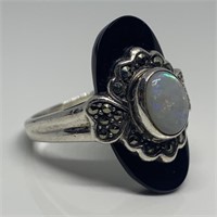STERLING SILVER ONYX OPAL MARCASITE RING