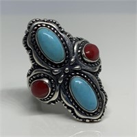 STERLING SILVER TURQUOISE CORAL RING