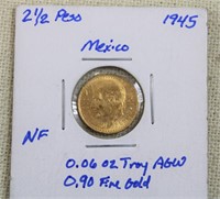 1945 Mexican $2.5 peso gold coin