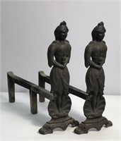 PAIR OF CAST IRON FIGURAL "LADY LIBERTY" ANDIRONS