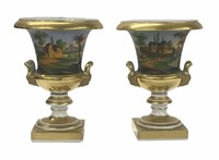PAIR OF OLD PARIS URNS WITH SCENIC DECORATION