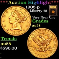 *Highlight* 1905-p Liberty $5 Graded Choice AU/BU