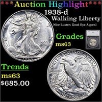 *Highlight* 1938-d Walking Liberty 50c Graded ms63
