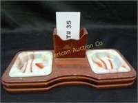 Vintage wood and slag glass double desk ashtray wi