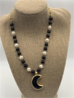 Genuine Pearl & Onyx Moon Necklace
