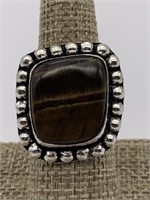 Large Sterling Silver Beaded Tigers Eye Ring
