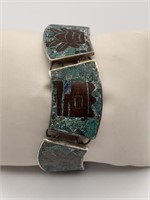 Sterling Vintage Turquoise Inlay Mayan Bracelet
