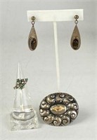 Sterling Pin, Emerald Ring & Fire Agate Earrings