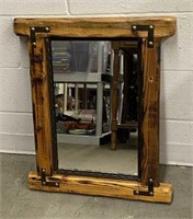 Rustic Pine Framed Mirror with Metal Accents
