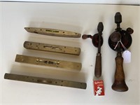 2X ANTIQUE HAND DRILLS AND 4X TIMBER AND