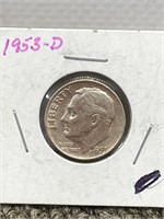 1953 - D silver Roosevelt dime US coin