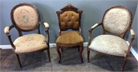 3 VINTAGE ARM CHAIRS, HAN CARVED, UPHOLSTERED