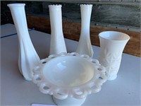 Vintage milk glass vases and bowl