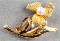 Vintage 18K Rose & Yellow Gold Flower Pearl Brooch