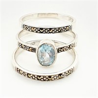 $240 Silver Blue Topaz Marcasite Stack Of 3 Rings
