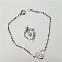 $300 Silver Heart Shape Pendent &Bracelet( Cz, Pea