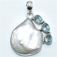 $300 Silver Pearl  Blue Topaz(26.1ct) Pendant