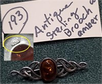 Antique sterling 925 brooch w ancient amber stone