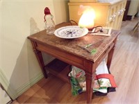Wooden lamp table with misc household decor