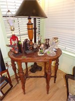 Wooden lamp table with misc household items