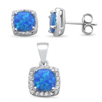 Cushion Cut Blue Opal &white Cz Pendant & Earrings