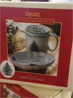 Spode holiday mug and tray set (qty4)