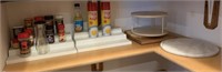 Plastic shelving, marble cutting board, spices