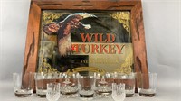 Wild Turkey Framed Mirror & Bar Glasses