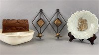 Milk Glass Plate, Carved Box & Sconces