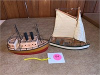 WOODEN SAIL BOAT MODEL AND METAL TUG BOAT