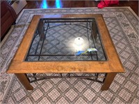 BEAUTIFUL GLASS TOP WOOD AND IRON BASE TABLE