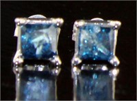 14kt Gold Princess 1.00 ct Blue Diamond Earrings