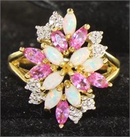 Marquise Cut Opal, Pink Topaz, & Diamond Ring
